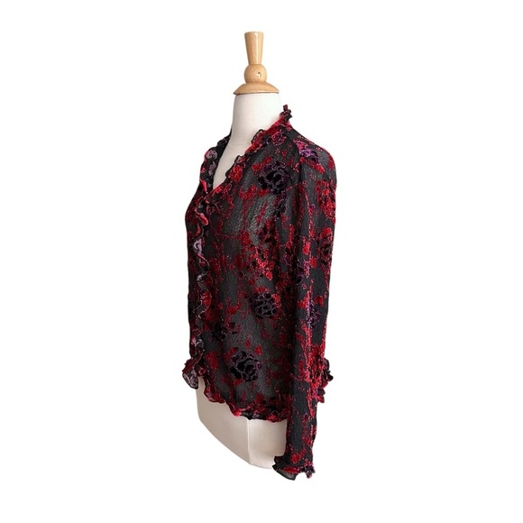 COLDWATER CREEK Sheer Velvet Burnout Ruffle Trim Floral Blouse Whimsigoth Small - Picture 4 of 14